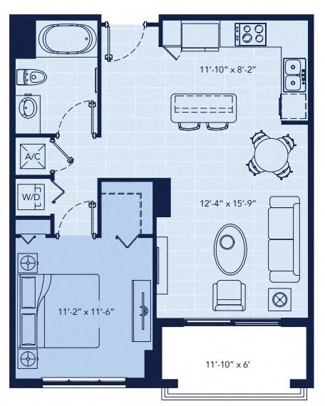 Floor plan for 1 bed, 1 bath, 680 sqft
